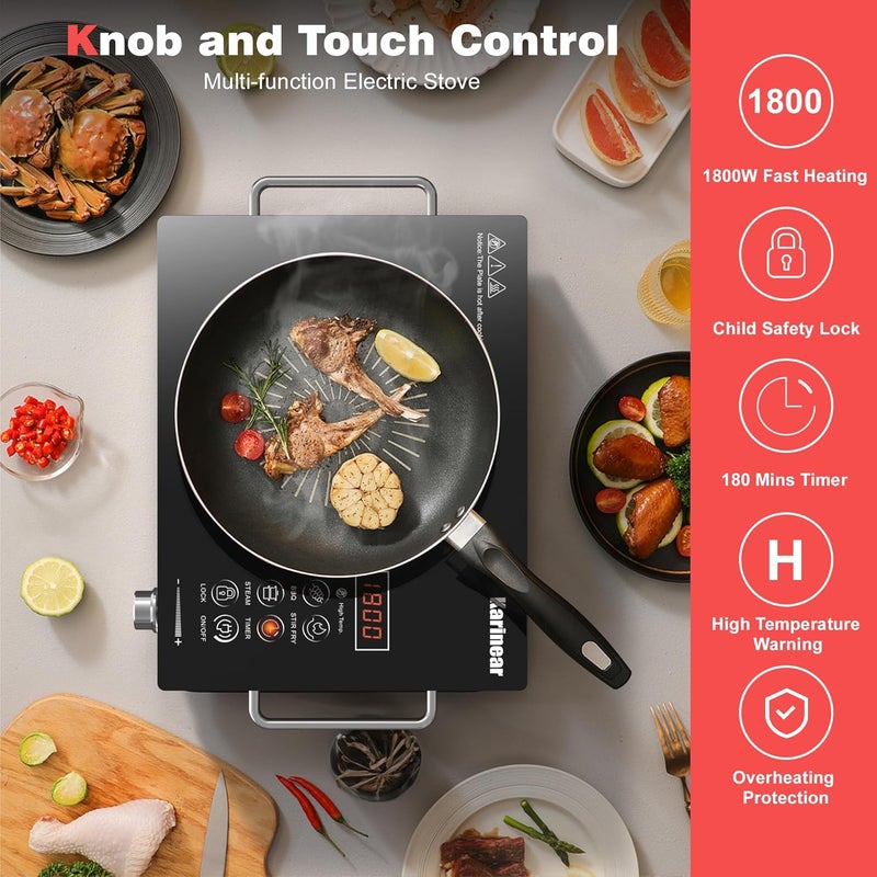 Karinear Portable Electric Stove 110V, 1800W Electric Hot Plate with Handle, Knob Control Single Burner Electri Cooktop, Ceramic Infrared Countertop Burner, Timer, Safety Lock - Image 3